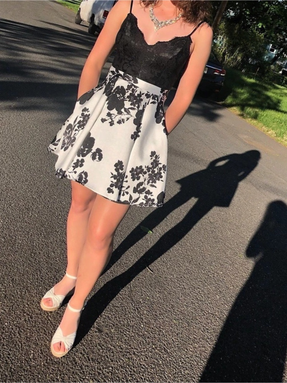 Floral Mini Dress in Black & White With Pockets